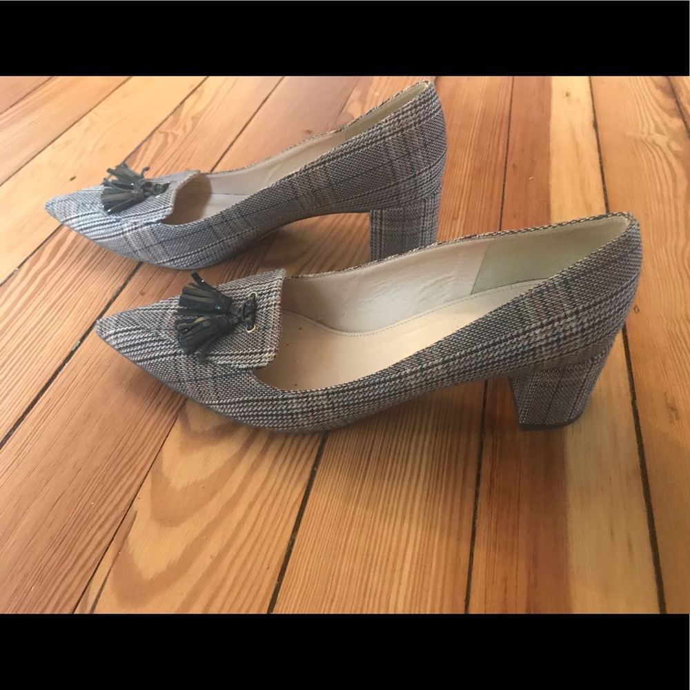 J Crew block heel tassel loafer in tweed